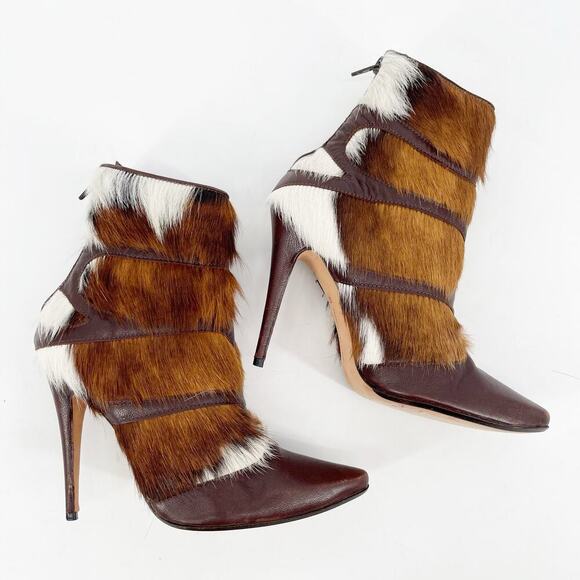 Manolo Blahnik Y2K Retro Aziz Cowhide Fur Leather Pointed Toe Heeled Boot IT 37 - Picture 5 of 14